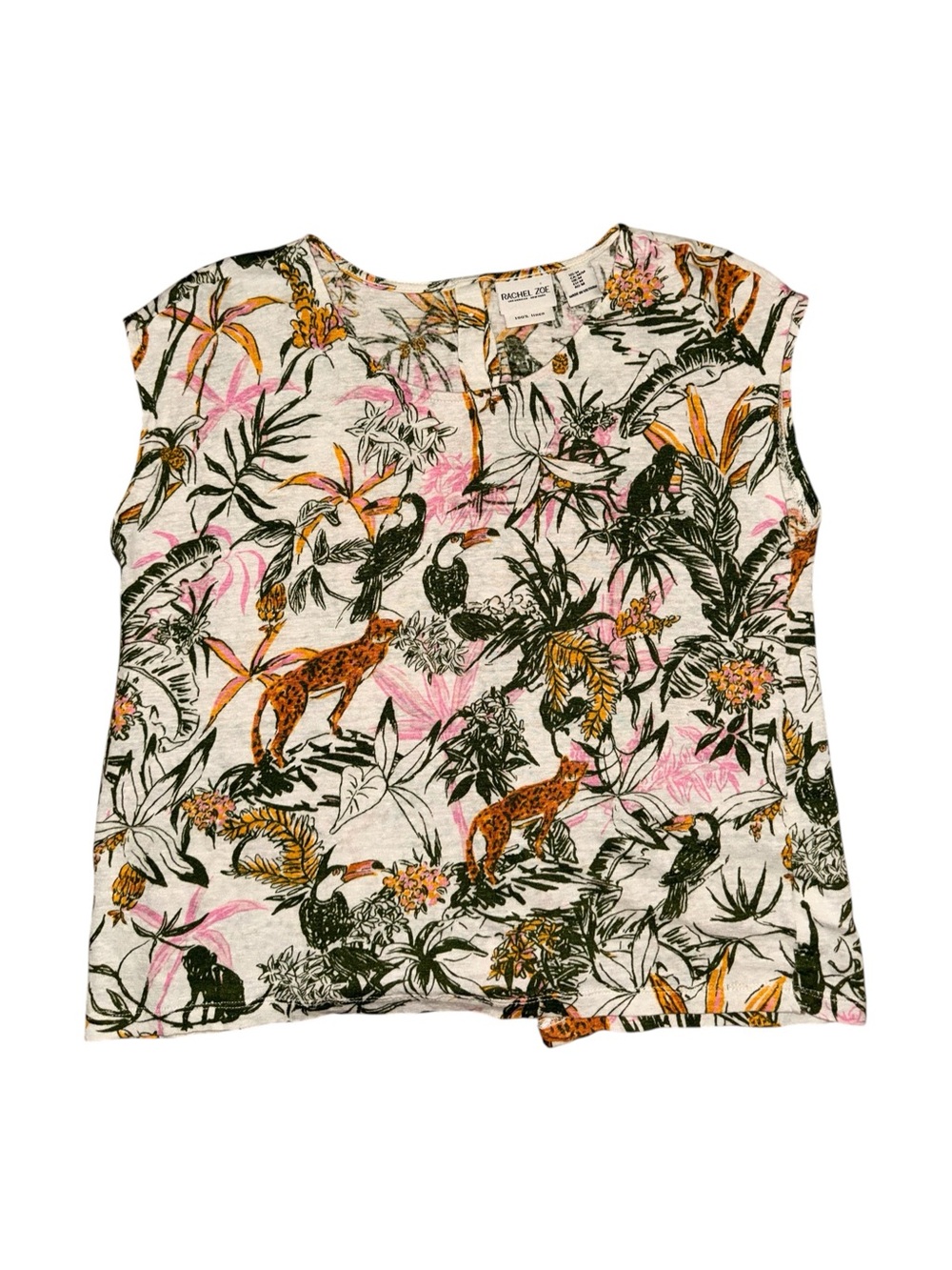 Rachel Zoe 100% Linen Tropical Jungle Print Cap Sleeve Top | Size M